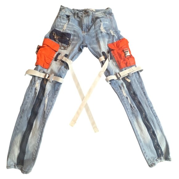 Stylish Blue Denim Jeans with Orange Accents - Picture 1 of 9